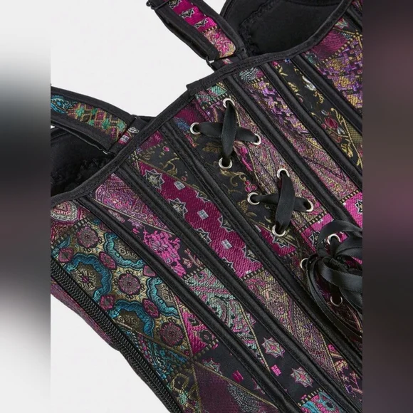 NWT Patchwork Multicolor Floral Jacquard Lace Up Corset SZ L - Picture 6 of 15